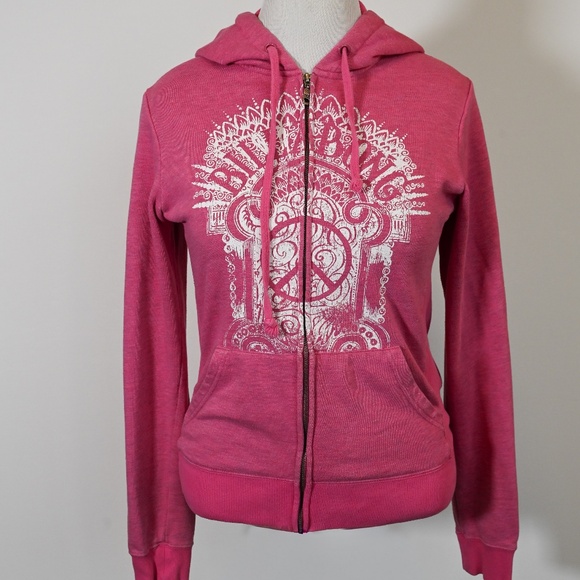 Billabong Y2K Pink soft zip up Hoodie Women's XL Peace Sign boho Logo Vintage - Picture 1 of 13